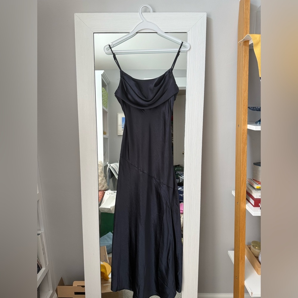 Satin Navy Cowl-Neck Maxi Dress